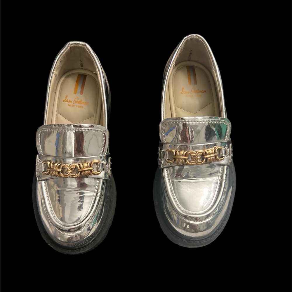 Sam Edelman Silver Kids Loafers with Gold Accent